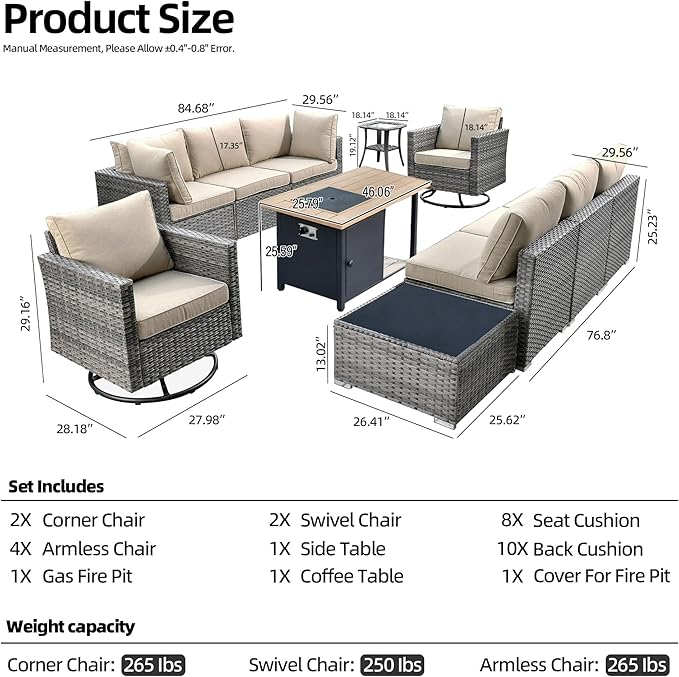 11 Piece Outdoor Patio Furniture Set with 46" Fire Pit Table, Wicker Sectional Conversation Set Whit Swivel Chairs,Modern Outside Sofa for Balcony Backyard(Beige)
