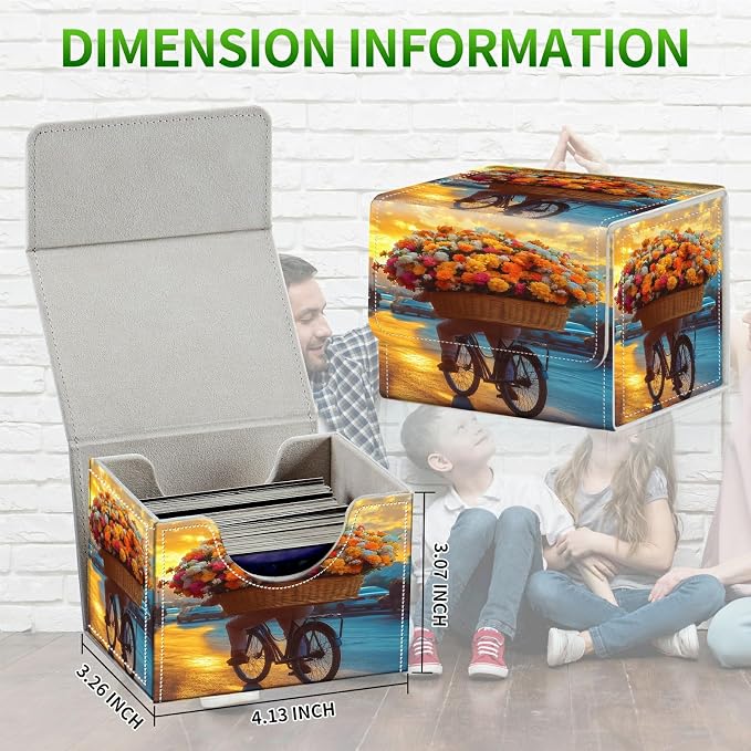 Card Deck Box for MTG, Cards Storage Box Fits 120+ Sleeved, Leather Small Size Strong Magnetic Closing Card Case for Board Games Magic TCG CCG Baseball Collection, Flower Bike