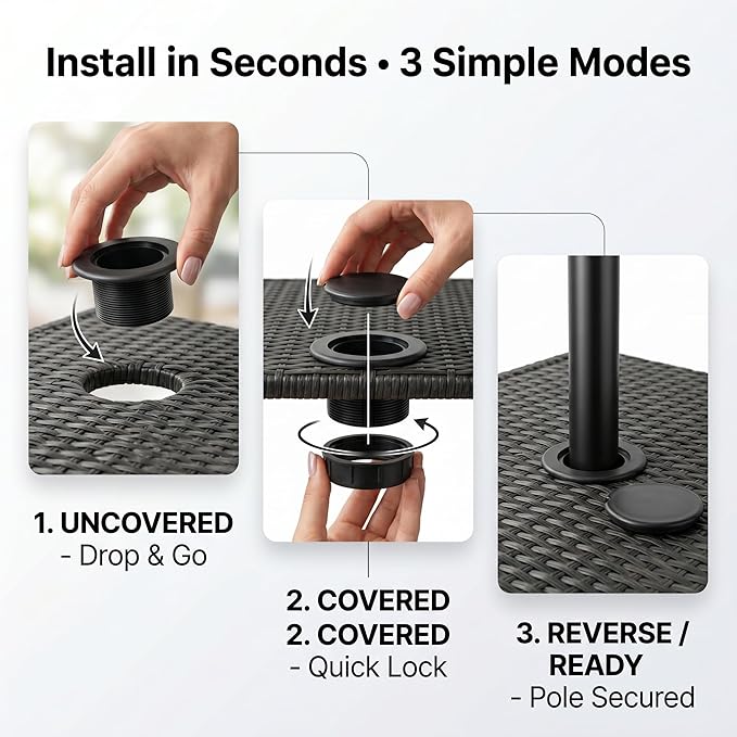 V TOWER Patio Table Umbrella Thicker Hole Ring Plug and Cap Set (Black)