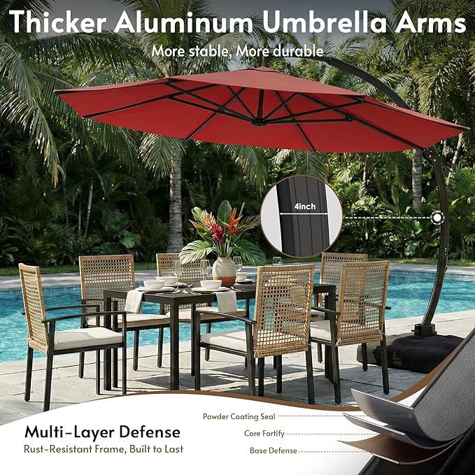 11FT Cantilever Patio Umbrella with Base Included, Large Cantilever umbrella with 360°Rotation, Heavy-Duty Offset Outdoor Umbrella for Patio,Pool,Garden and Backyard (Red)
