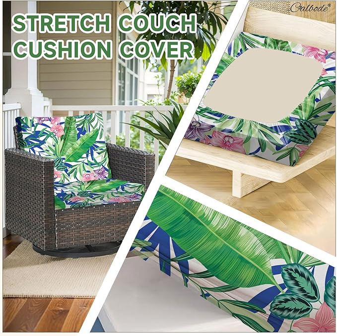 CALBODE 8 Pcs Outdoor Seat Cushion Covers, Stretch Chair Seat Cover for Patio Furniture Cushions Washable Reusable Indoor and Outdoor Couch Cover Replacement (Tropical Plant, Cover Only)