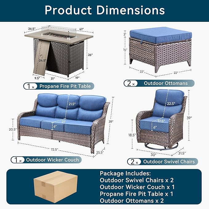 Luxury Patio Furniture Set with Fire Pit Table-6 Pieces All Weather Outdoor Swivel Rocker Chairs with Sofa and Ottomans. Outdoors Patio Conversation Sets for Porch Deck Garden Backyard(Brown/Blue)