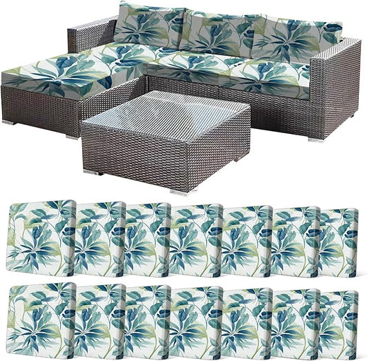 CALBODE 14 Pcs Stretch Outdoor Seat Cushion Covers, Botanical Chair Seat Cover for Patio Furniture Cushions Washable Reusable Indoor and Outdoor Couch Cover Replacement (Blue Leaves, Cover Only)