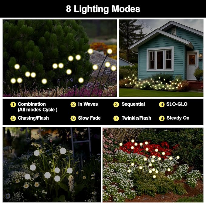 Firefly Lights Solar Outdoor, 8 Modes 800mAh Swaying Solar Firefly Garden Lights Stakes Outdoor Waterproof for Outside Yard Patio Plant Christmas Holiday Garden Decor Warm White(4 Pack)