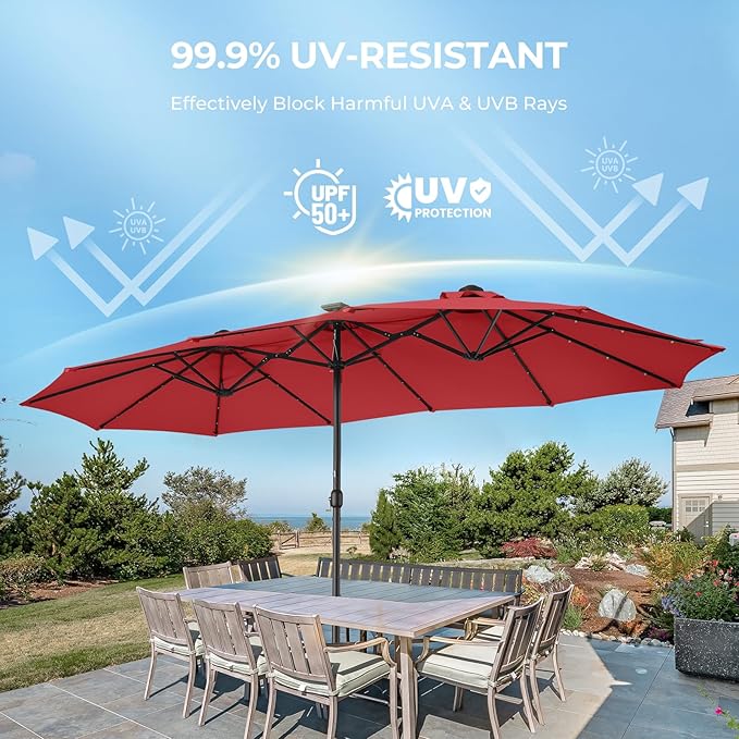 HOMSHADE Double Sided Patio Umbrellas - 15ft Solar Lights LED Lighted Outdoor Extra Large Market Table Umbrella with Base Included, Oversized Umbrella for Deck, Pool, Backyard