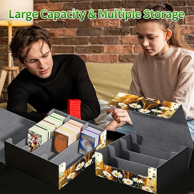 Card Deck Box for MTG, Cards Storage Box Fits 120+ Sleeved, Leather Big Size Strong Magnetic Closing Case for Board Games Magic TCG CCG Baseball Collection Women Man, Flower Yellow Cow