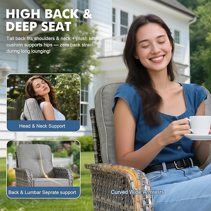 Weaxty Wicker Patio Furniture Set with Swivel Rocker Chairs Outdoor Loveseat Sofa and Rattan Coffee Table, 5 Pieces Outdoor Conversation Sets for Patio Porch Deck Backyard Poolside, Dark Gray