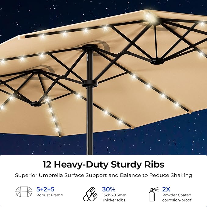 HOMSHADE 15FT Motorized Electric Large Patio Umbrella with Base and Solar Lights Outdoor, Double-Sided Rectangle Umbrella with Remote Control, 30° Auto-Open for Pool Deck Table Market Backyard, Beige