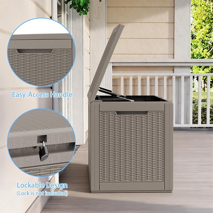 AmaVins Storage Box, 100 Gallon Rattan Pattern Deck Box with Anti-Pinch Hydraulic Rod, Indoor Use, Waterproof Resin, Package/Patio Cushions/Gardening Tools, Lockable, UV Resistant, Light Coffee