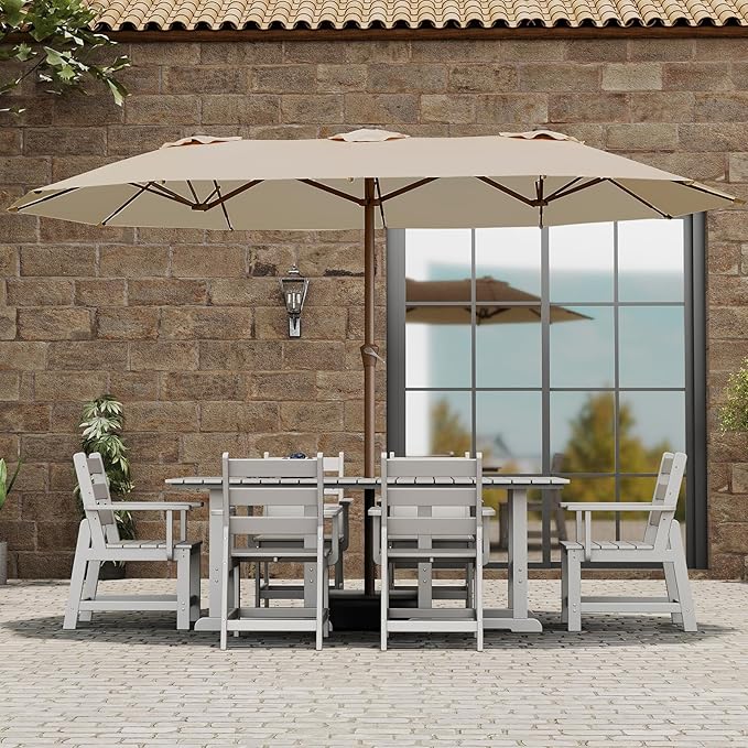 BRIOPAWS 15-FT-Large-Patio-Umbrella-with-Base | Double-Sided | Outdoor Table Umbrellas | w/Crank Handle | 12 Sturdy Fiberglass Rib | UV-Protection | for Garden Deck Backyard Pool | Tan