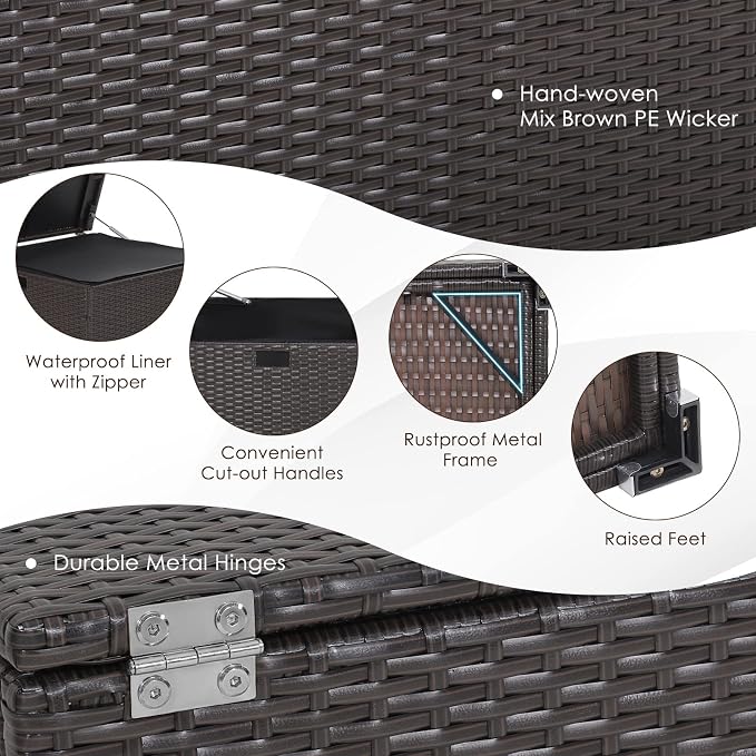 Outdoor Storage Box, 72 Gallon Deck Box Wicker Storage Box with Water-resistant Liner, Built-in Handle & Aluminum Feet, Outside Storage Container for Pillows, Cushions, Garden Tools