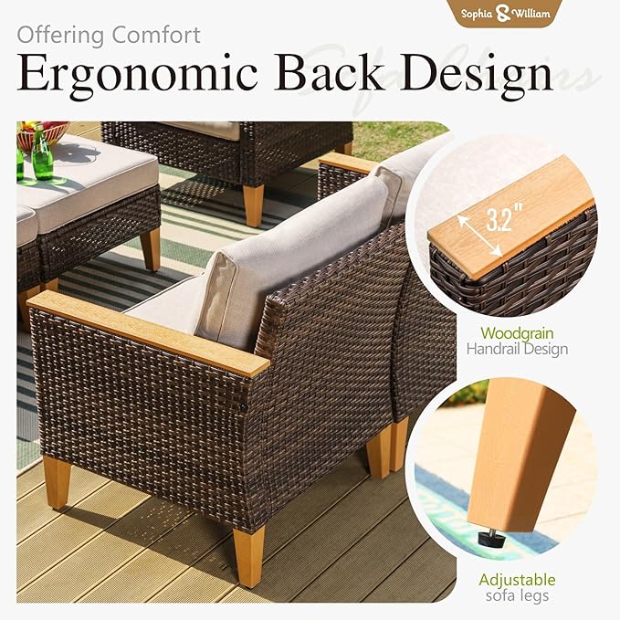 Sophia & William Patio Furniture Set, 5 Piece Half Moon Outdoor Wicker Sectional Sofa Set, Rattan Conversation Set for Backyard, Deck, Pool(Beige)