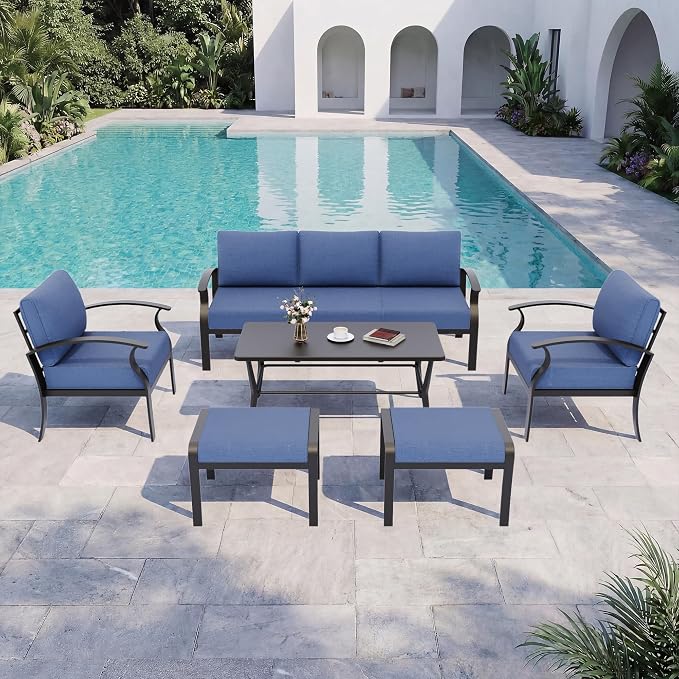 Kurapika Aluminum Patio Furniture Set 5-Seat Modern Outdoor Conversation Sets w/2 Ottomans with Rectangular Coffee Table, Navy Blue