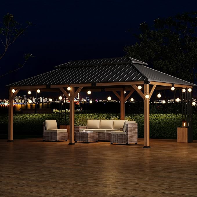 12' x 20' Hardtop Gazebo,Outdoor Cedar Wood Frame Permanent Pavilion with Double Galvanized Steel Roof,Pergola with Lockers & Storage Racks for Patio Lawn Backyard Deck