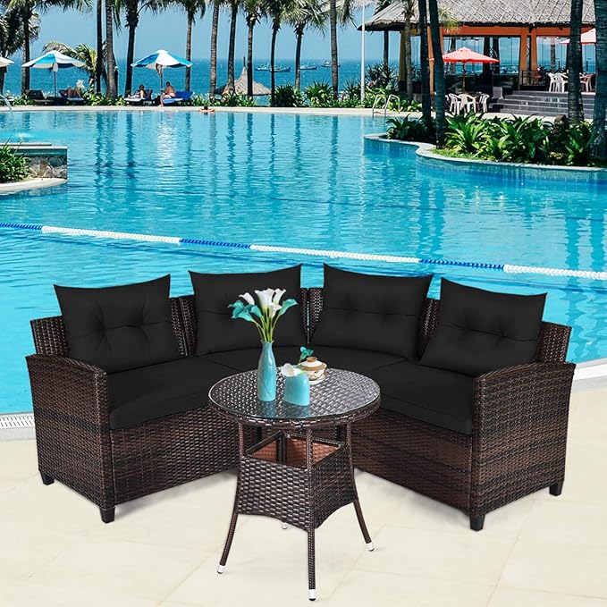 HAPPYGRILL 4 Pieces Outdoor Patio Furniture Set Wicker Sectional Sofa L-Shape with Round Tempered Glass Top Table & Cushions Modern Conversation Set Curved Sofa Set for Garden Poolside Balcony