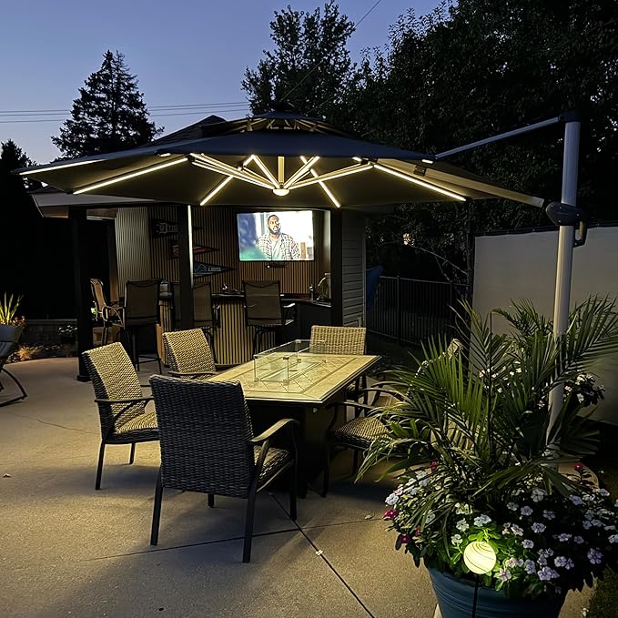PURPLE LEAF 12ft Patio Umbrella With Base Solar powered LED Cantilever Umbrella with LED lights Windproof Outdoor Offset Umbrella for Garden Deck Pool Patio, Grey