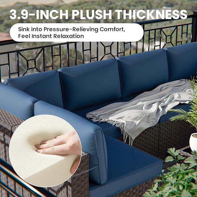 10 Pieces Outdoor Patio Furniture Set,Outdoor Sectional Furniture with 43" 55000 BTU Gas Propane Fire Pit Table,All Weather PE Rattan Wicker Patio Conversation Set,Navy Blue