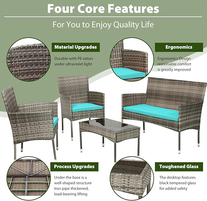 PayLessHere Outdoor Furniture Set 4 Pcs Modular Patio Furniture Set Water Resistant Conversation Set with 3 Rattan Chairs 1 Tempered Glass Topped Table for Patio Poolside, Gray Wicker/Blue Cushions