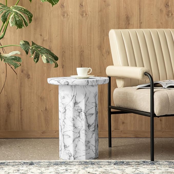 Glitzhome Indoor Outdoor Side Table 21" H, Modern MGO Faux Marble Side Table Round End Table, Decorative Accent Stool for Garden Outdoor Patio Living Room Bedroom Home Decor