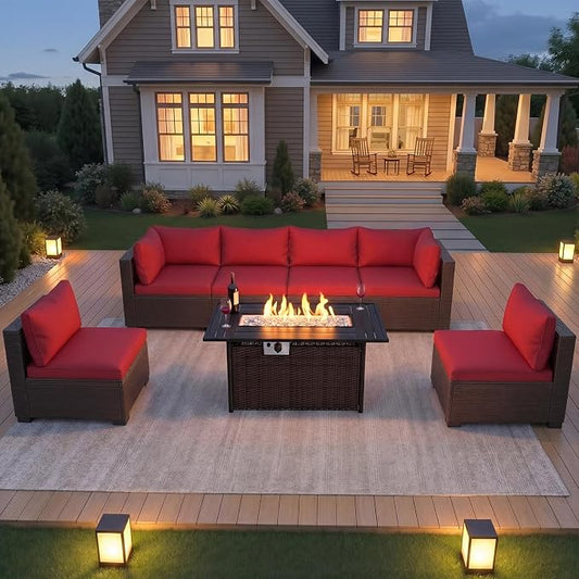 CHABATREE 8-Piece Wicker Patio Conversation Set with 44" Propane Fire Pit Table, Cozy Outdoor Sectional Sofa for Backyard Gatherings, Poolside Lounging & Garden Parties