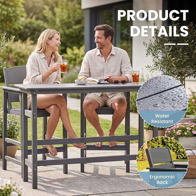 HDPE Outdoor Bar Chairs Set of 2, 28.5" Seat Height Bar Height Patio Stools with Armrest & Back, Heavy Duty All Weather High Top Chairs for Porch/Poolside/Deck, 400lb Capacity, Grey