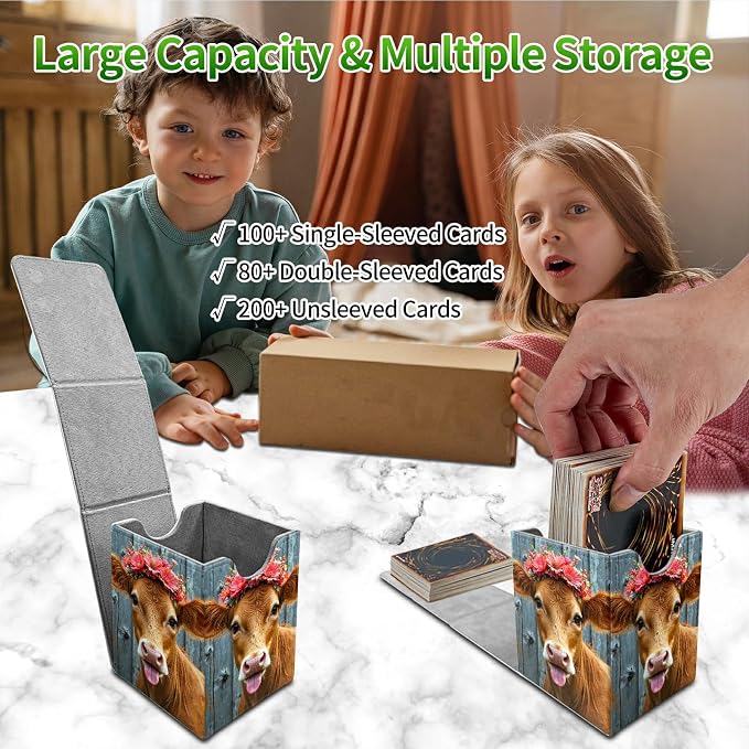 Pink Flower Cow Card Deck Box for MTG, Personalized Card Storage Case Fits 120+ Sleeved Cards, Premium Leather TCG Box with Strong Magnetic Closure for Magic, CCG, PTCG, Baseball Cards
