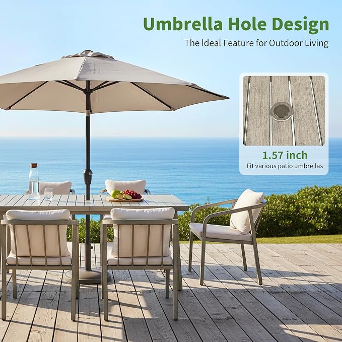 63"x35" Never-Rust Aluminum Outdoor Dining Table – Rectangular Patio Table for 6 with Umbrella Hole, Heavy Duty All-Weather for Poolside, Garden, Backyard, Porch, Deck, Gray Oak