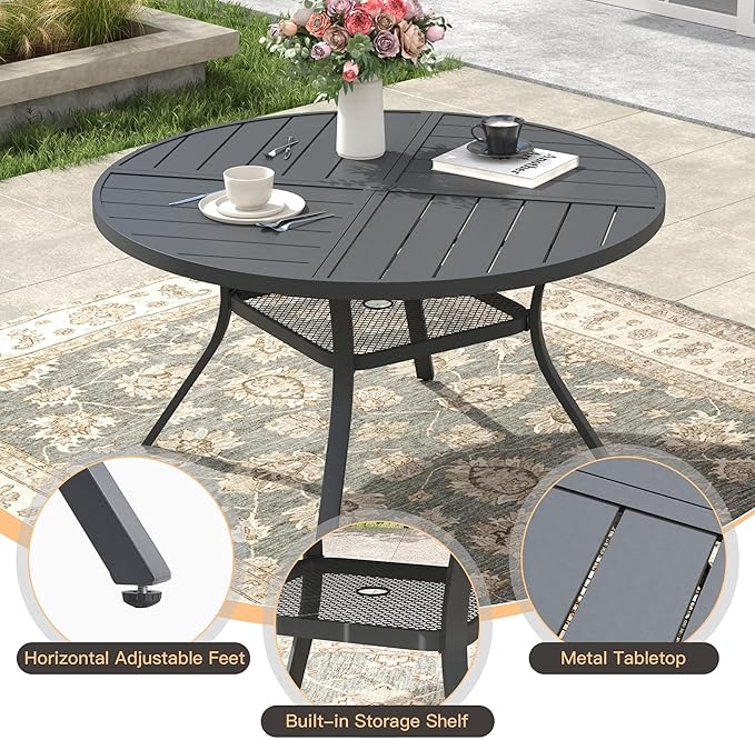 7 Pieces Outdoor Dining Set, Stackable Textilene Paito Chairs & 47.1" Round Dining Table with Umbrella Hole and Shelf, Patio Dining Set for Backyard, Deck, Garden, Grey & Dark Grey