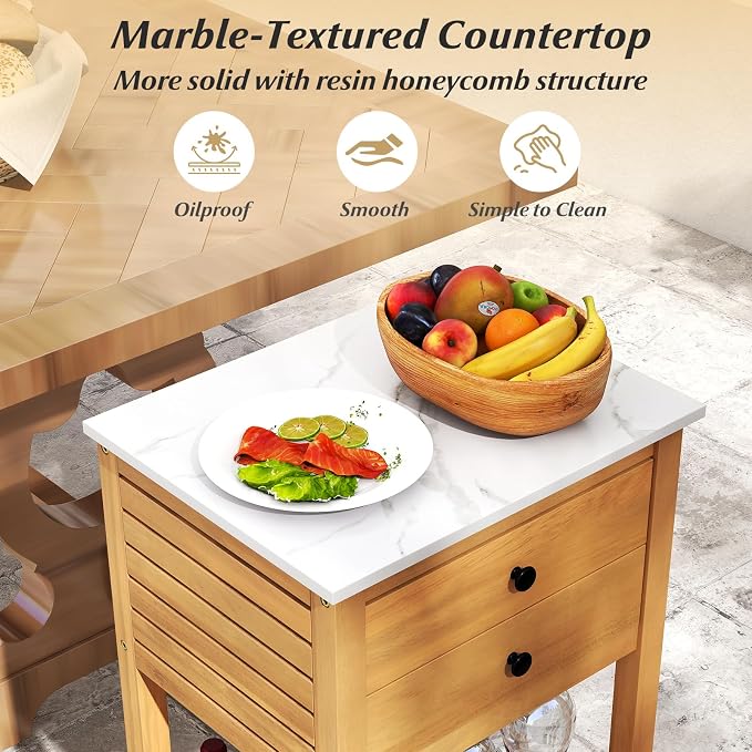 Goplus Outdoor Side Table, Acacia Wood Bar Table w/Marble-Like Countertop, 2 Storage Drawers, Bottom Shelf, Glass & Wine Holders, Small Buffet Sideboard for Patio, Backyard, Garden, Deck Corner