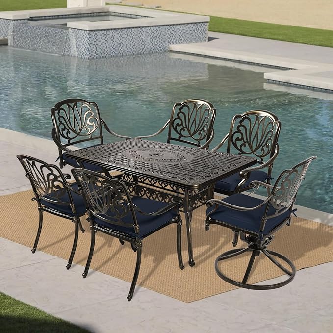 VIVIJASON 7 Pieces Cast Aluminum Outdoor Furniture Dining Set, Patio Conversation Set, Include 4 Stationary Chairs, 2 Swivel Dining Chairs and a Rectangle Table with Umbrella Hole, Navy Blue Cushion