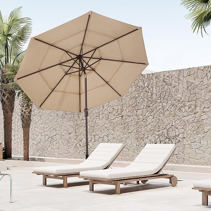 JEAREY 9FT 3 Tier Patio Umbrella Outdoor Market Umbrella Table Umbrellas with 8 Ribs 1.5 Pole Push Button Tilt and Crank UV Protection for Garden,Beige