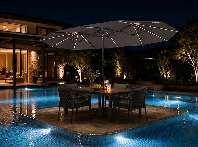 PURPLE LEAF 14ft Patio Market Umbrella with Solar LED and Base Double-Sided Rectangle Outdoor Table Sun Umbrellas with Crank for Pool Beach Deck Backyard Gray