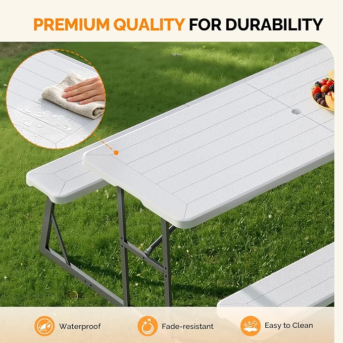 VINGLI Outdoor Picnic Table with 9 ft Umbrella, Wood Grain HDPE Top with Metal Frame Plastic Picnic Table for Dining Party Garden (White Table, Khaki Umbrella)