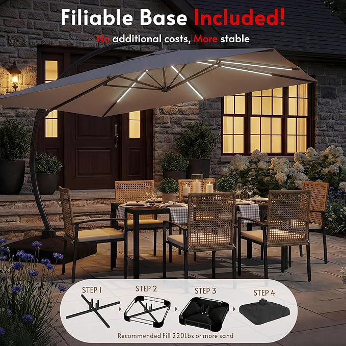 11x11FT Solar Powered LED Light Cantilever Patio Umbrella with Base Included, Large Cantilever Umbrella with 360°Rotation, Heavy-Duty Offset Outdoor Umbrella for Patio,Pool,Backyard (Champagne)