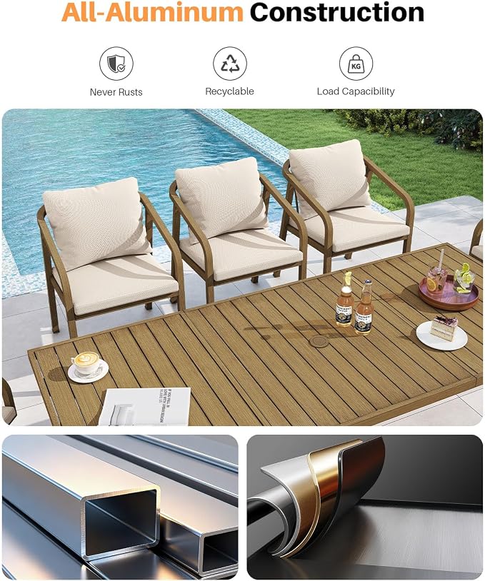 Outdoor Dining Table for 8, Never-Rust Aluminum Patio Dining Table, 82"×35" Large Rectangle Patio Table with Umbrella Hole, Outdoor Table with Wood-Like Texture for Commercial, Backyard, Teak