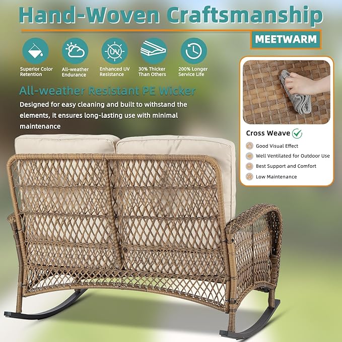 MEETWARM Outdoor Wicker Loveseat Rocking Chair, Loveseat for 2 Person Porch Furniture Rocker with Glass-Top Coffee Table, All-Weather Rattan Patio Rocking Bench with Thickened Cushions, Brown