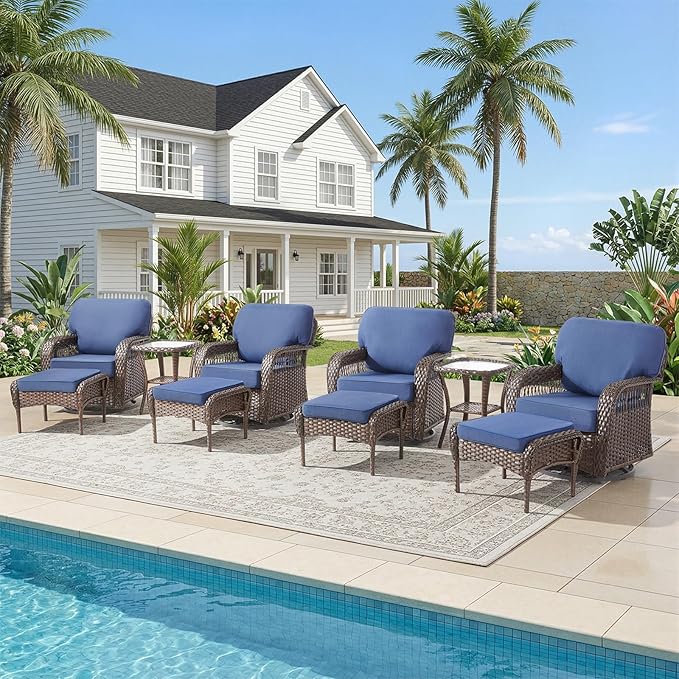 Belord Patio Wicker Swivel Rocker Patio Chairs with Ottoman, Outdoor Rattan Chairs for Deck Porch Poolside, 10 Piece Patio Conversation Furniture Set,Blue