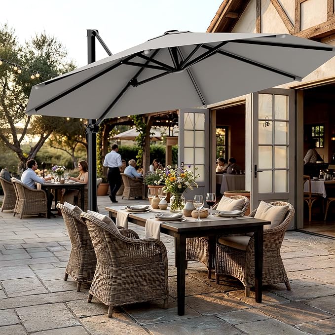 AreShark 11FT Round Cantilever Patio Umbrella with Base Included, 360° Rotation Offset Outdoor Umbrella, 5 Tilt Settings Heavy Duty Hanging Parasol for Deck Garden Pool, Light Grey