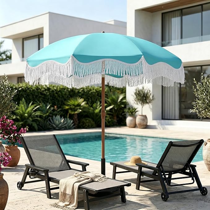 7FT Patio Umbrella with Fringe, Outdoor Tassel Umbrella with Fiberglass Ribs, Boho Beach Umbrella, Push Button Tilt and Carrying Bag, UPF50+