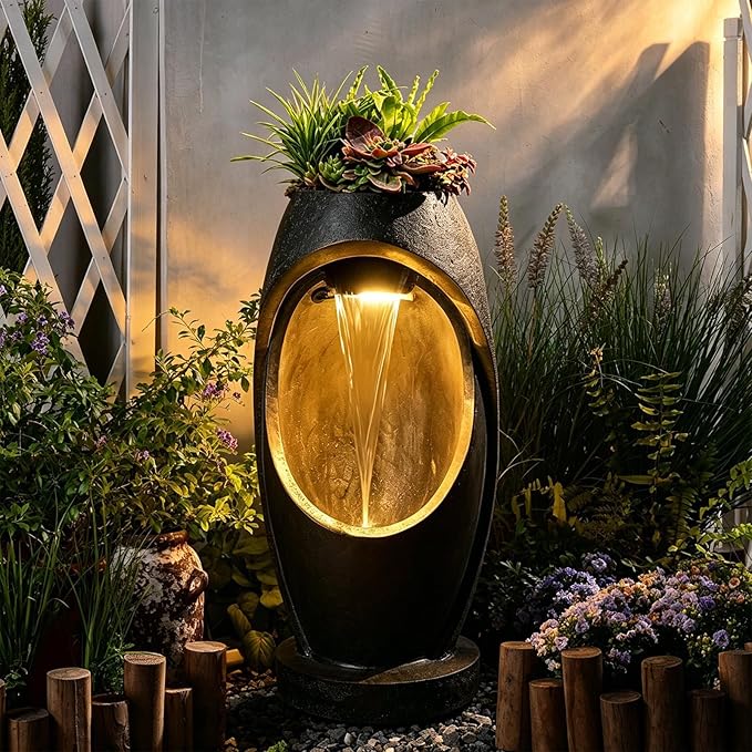 Sunlinua Modern Water Fountain Outdoor Waterfall Water Fountains Resin Water Feature with Pump, LED Lights for Garden, Patio, Porch, 28" Height