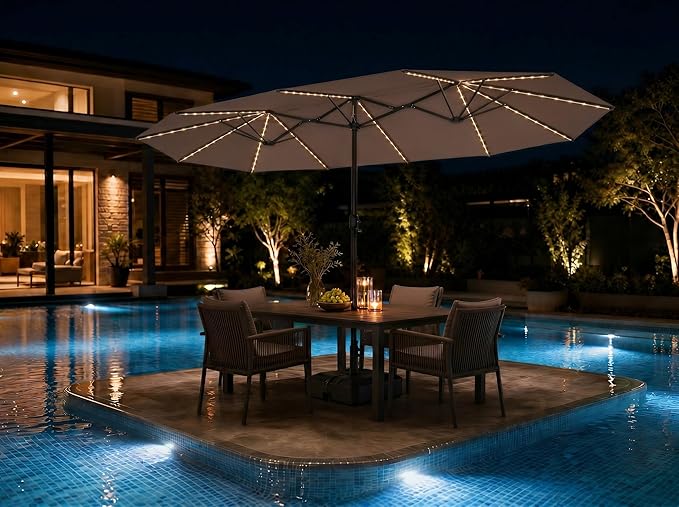 PURPLE LEAF 14ft Patio Market Umbrella with Solar LED and Base Double-Sided Rectangle Outdoor Table Sun Umbrellas with Crank for Pool Beach Deck Backyard Taupe