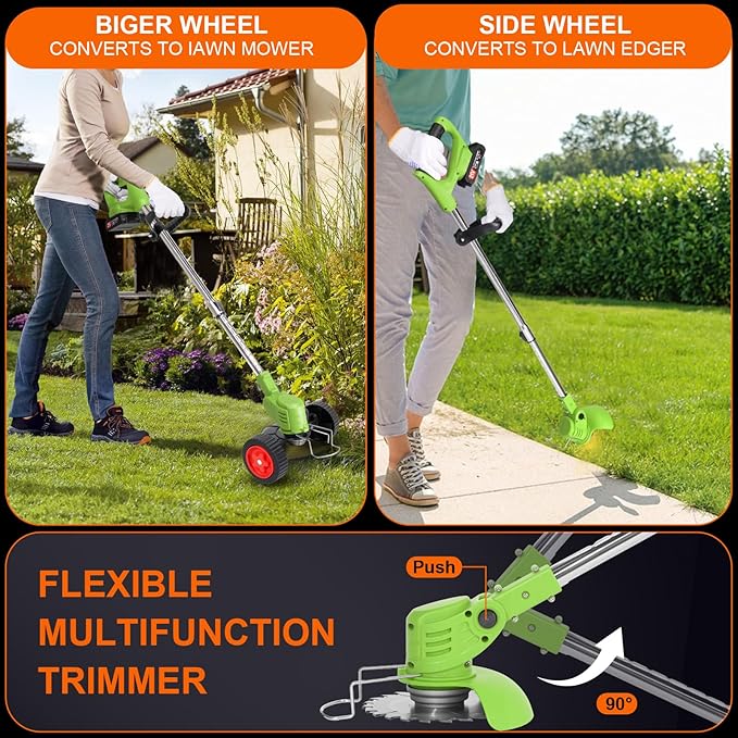 Electric Weed Wacker Cordless with Wheels, 2pcs Batteries&4 Types Blades,Lightweight, Low Noise 21V Battery Powered Weed Wacker, 3-in-1 Grass Trimmer/Brush Cutter/Edger, for Thick Weeds&Yard Garden