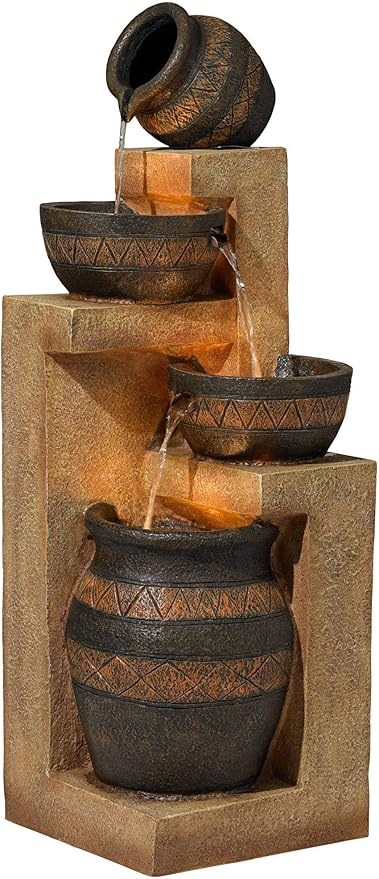 Cascading Bowl and Jug 46" High Large Rustic Indoor Outdoor Decor Faux Stone Floor Fountain with Light LED Standing Waterfall Water Feature for Outside Garden Patio Yard Backyard - John Timberland