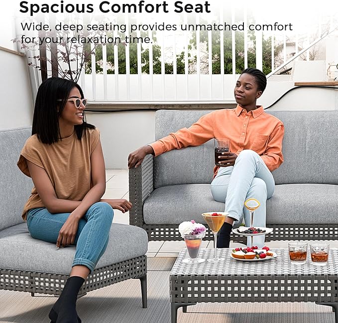 Outdoor Patio Sofa Conversation Set–Rattan 4 Seats Comfortable Couch for Garden, Yard, Weatherproof–Includes Glass Table, Armless Chairs, and Two-Seater Sofa
