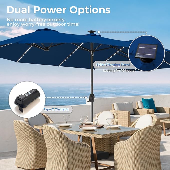 SUPERJARE 15ft Large Patio Umbrella with Base included, Double Sided Outdoor Umbrella with Solar Lights, Pool Umbrella with Fade Resistant Canopy for Deck, Porch, Yard, Balcony, Navy Blue