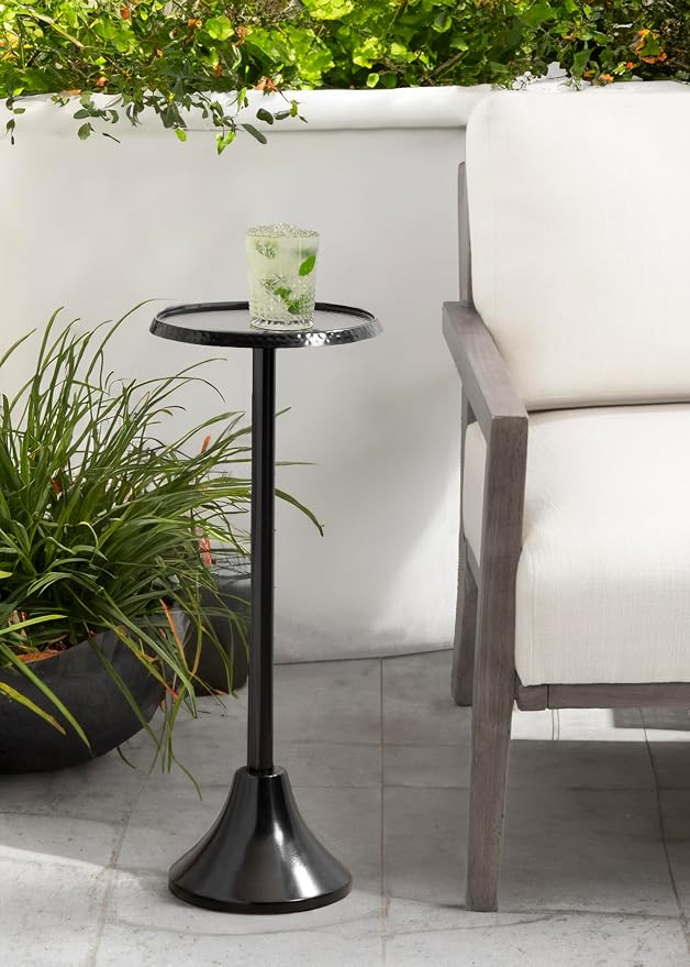 Kate and Laurel Sanzo Modern Pedestal Outdoor Drink Table; 9 x 9 x 23; Black; Decorative Outdoor Patio Table for Deck with Hammered Tabletop for Use as Small Plant Stand or Living Room Martini Table