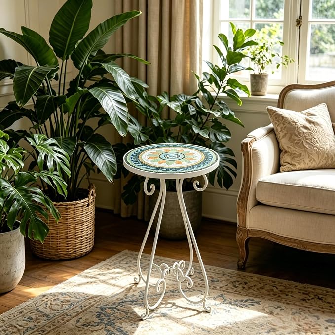 Outdoor Side Table & Mosaic Ceramic Plant Stand, 14" Metal Round End Table for Garden Home Patio Yard Porch Patio Decor Weather Resistant Outside Accent End Furniture (Flower#3)