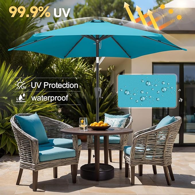 FLAME&SHADE 9ft Patio Umbrella Outdoor - Table Umbrella with Push Button Tilt and Crank, UV Protection, 6 Sturdy Ribs, Market Umbrella for Garden, Deck, Backyard, Lawn, Pool and Beach(Aqua Blue)