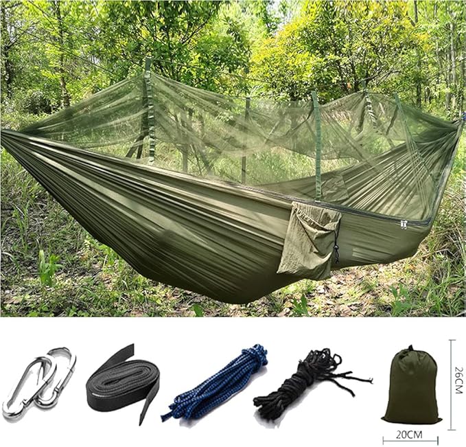 ELEOPTION Camping Hammock with Mosquito net Portable Outdoor Bed Robust Hammock from Parachute Silk max. Load Capacity 200kg Perfect for Home Garden Forests Travel Hiking etc (Military Green)