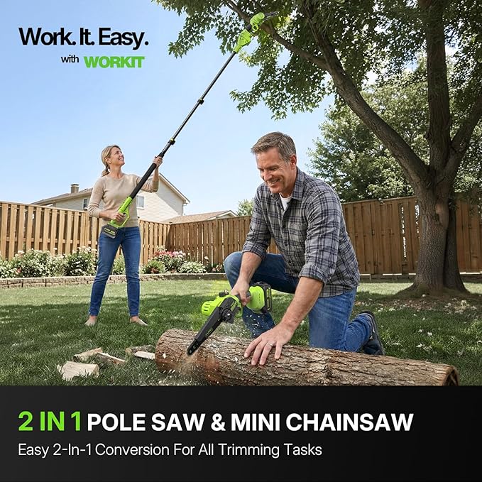 WORKIT 2-In-1 Electric Pole Saws for Tree Trimming, 8 Inch Mini Chainsaw Cordless with 2×4.0Ah Batteries, 14Ft Tree Trimmer Pole Saw, Electric Chainsaw with Auto Oiler, Tool-Free Tension